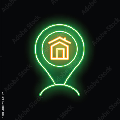 Green neon sign in the shape of a map pin is showing location of the house with glowing orange contour