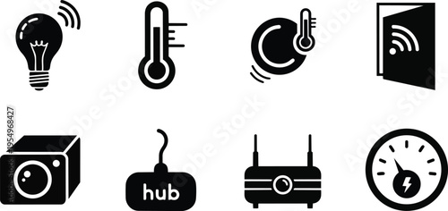 Vector art close up smart home icons set light bulb thermostat hub router camera energy gauge for coloring book simple bold outlines black white line drawings