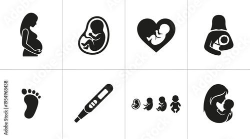 Pregnancy & Motherhood Vector Icons – Fetus, Baby Footprints, Growth & Maternal Care