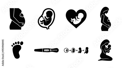 Pregnancy & Motherhood Vector Icons – Fetus, Baby Footprints, Growth & Maternal Care