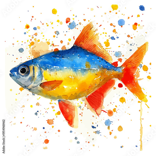 watercolor of Neon Tetra, isolated on a white background.