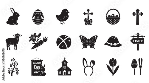 Collection of traditional easter symbols and icons in black and white silhouette style