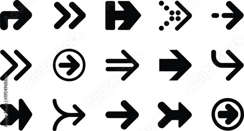 A versatile set of black arrow symbols indicating forward direction on a crisp white canvas