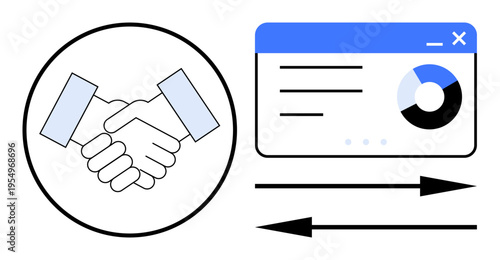 Business collaboration, data sharing, agreement, analytics, teamwork, strategic planning. Handshake and analytics dashboard with arrows indicating exchange. Business collaboration and data sharing