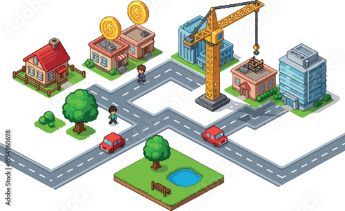 Isometric city view illustrating a bustling urban landscape with diverse buildings, vehicles, and green spaces, symbolizing development and growth