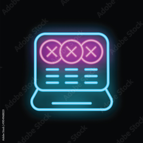 Neon sign showing a laptop displaying adult content with three crosses, representing censorship or blocking of explicit material