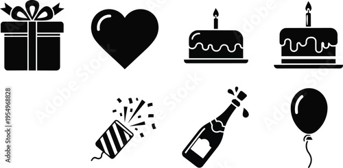 Flat vector party icons set for a coloring book simple bold outline gift heart birthday cake candle champagne bottle balloon confetti popper single color line art page