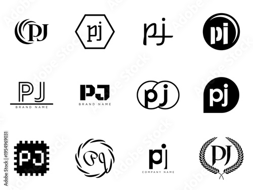 PJ logo company template. Letter p and j logotype. Set different classic serif lettering and modern bold text with design elements. Initial font typography.