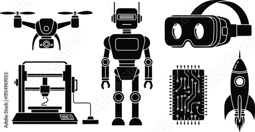 Flat design aerial view flying drone robot and rocket with vr headset 3d printer and circuit board for coloring book simple bold outlines educational technology icons