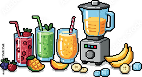 Healthy Blended Beverages and Fresh Fruits with Ice Cubes and Blender