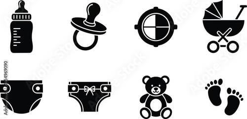 Minimalist vector baby icons set for coloring book featuring close up bottle pacifier stroller diaper teddy bear footprints top view simple line art monochrome outline style
