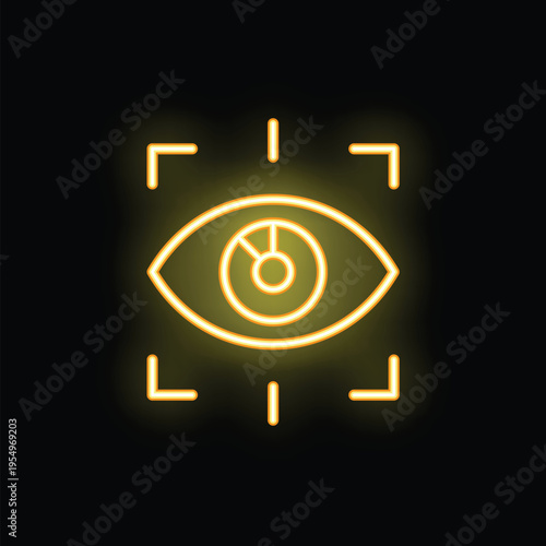 Yellow neon sign showing an eye being scanned on a black background