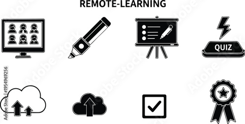 Vector art remote learning icon set for a coloring book with computer screen video call pencil quiz cloud upload checklist badge simple outline style black white