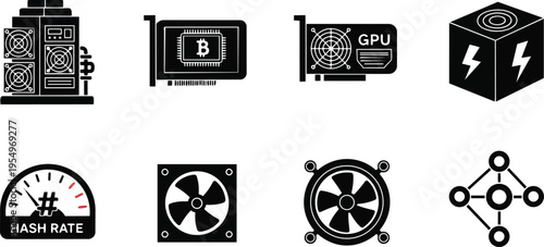 Vector art mining rig icons for coloring book detailed gpu cards cooling fans hash rate bitcoin cube network nodes simple bold outlines monochrome stroke editable scalable