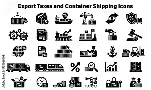 flat design export taxes and global shipping icons set with logistics and trade symbols