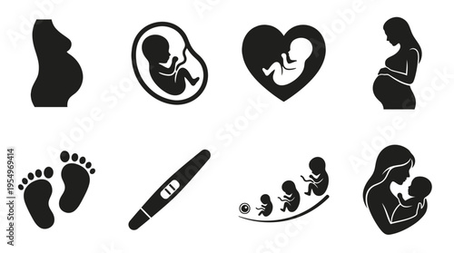 Pregnancy & Motherhood Vector Icons – Fetus, Baby Footprints, Growth & Maternal Care