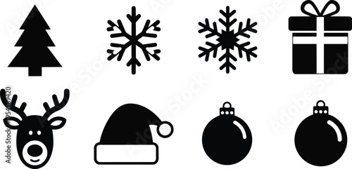 Vector line art close up christmas icons tree snowflakes gift reindeer santa hat baubles simple outlines for coloring book black and white holiday ornaments set playful