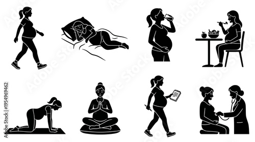Pregnancy Lifestyle Vector Icons – Wellness, Nutrition, Rest & Medical Care