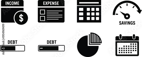 Vector flat icons income expense calculator savings debt pie chart calendar set for coloring book simple bold outlines educational finance worksheet monochrome printable scalable line art