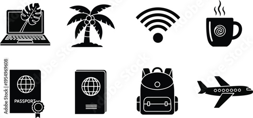 Coloring book vector art set of travel icons laptop palm tree wifi coffee cup passport backpack airplane simple bold outlines for kids and adult coloring pages