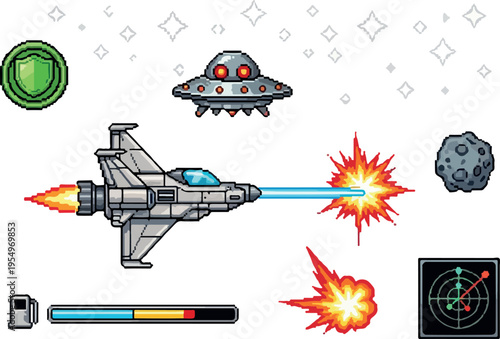 Retro pixel art space shooter game assets featuring a spaceship, UFO, asteroids, explosions, and UI elements