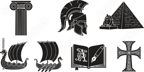 Black and white vector line art historical ancient outline set symbols column roman helmet sphinx pyramid viking ships open book quill ornate cross coloring book pages