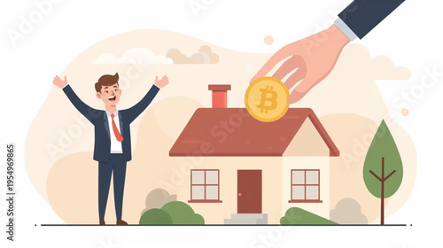 illustration of a man in a suit celebrating with arms raised beside a cozy house, as a giant hand drops a golden bitcoin into house
