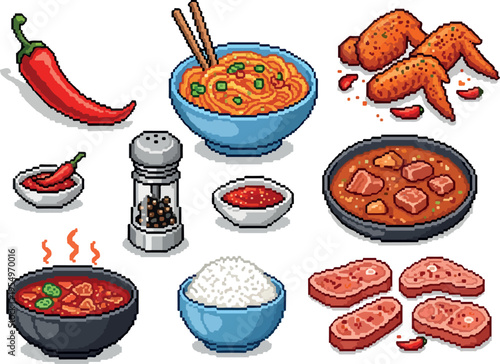 Pixel art collection of diverse dishes including spicy chili peppers, flavorful stews, steaming noodles, tender steaks, crispy chicken wings, and fluffy rice, perfect for culinary or gaming graphics