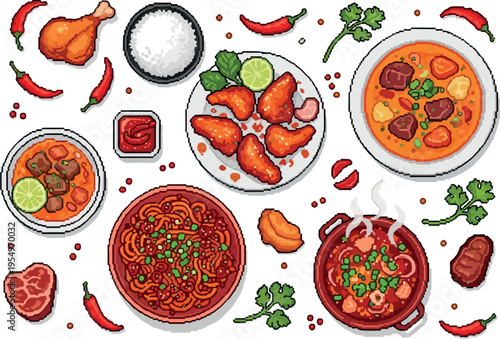 A delightful, top-down pixel art illustration of various delicious dishes, including soup, noodles, chicken, and rice, presented in a vibrant, appetizing arrangement