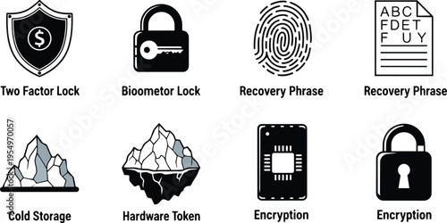Vector art close up security icon set for coloring book featuring fingerprint padlock shield chip hardware token cold storage recovery phrase simple line art bold outline