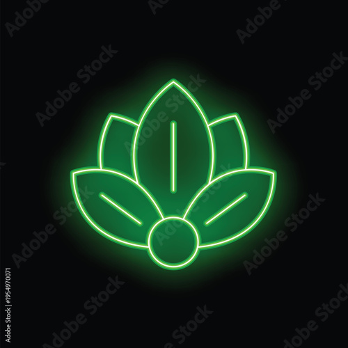 Green neon flower icon glowing on a black background