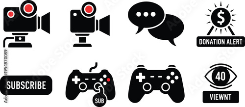 Vector art streaming icon set for coloring book showing game controller webcam subscribe button donation alert speech bubbles viewer eye simple badge flat style line art