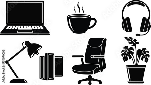 Vector art flat icons close up office desk objects for coloring book laptop coffee cup headset lamp books office chair potted plant simple line style black
