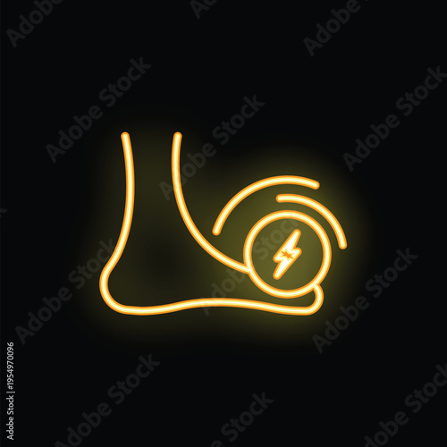 Yellow glowing neon icon representing an electric shock under a foot