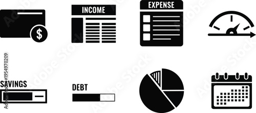 Coloring book vector line art financial icons credit card income expense savings debt pie chart calendar speedometer simple bold outlines scalable editable monochrome minimal hand drawn