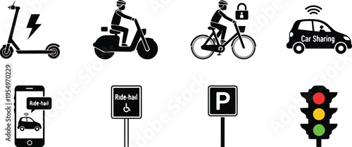 Vector icon sheet for coloring book showing electric scooter motorbike bicyclist riding with lock basket car sharing ride hail app parking sign traffic light simple bold