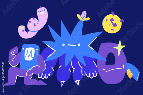 Bright bold geometric characters in blue tones with acidic accents, bodybuilder star, pink swirl, yellow confused circle, geometric chaos