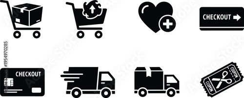Vector art close up shopping cart icons with delivery truck coupon checkout heart add to favorites for a coloring book black outline style