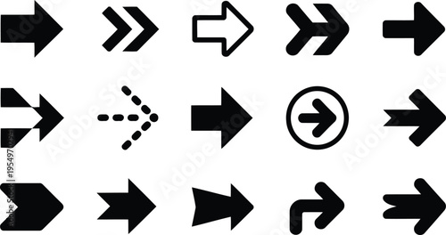 An assortment of black arrow icons demonstrating various styles for digital and print media