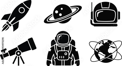 Vector art rocket planet astronaut icons set for a coloring book simple bold outlines close up front view smiling helmet telescope earth orbit playful educational space