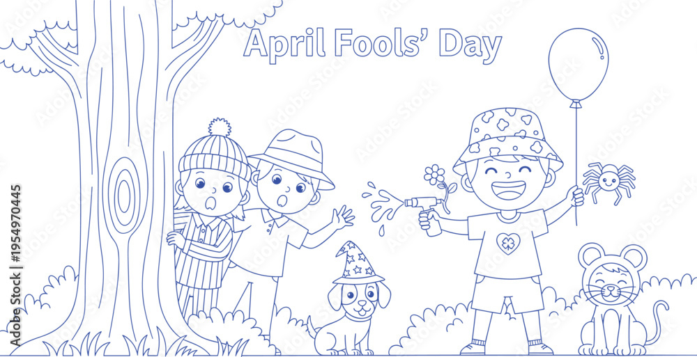 Obraz premium April fools day cartoon illustration with happy children playing pranks and having fun outdoors in nature