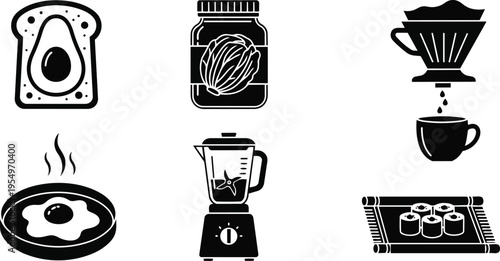 Minimalist vector flat design breakfast icons set for coloring book featuring avocado toast fried egg blender coffee pour over jam jar sushi on plate simple outline