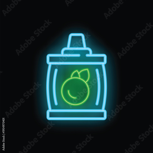 Glowing neon line wooden barrel for wine with apple icon isolated on black background. Vector illustration