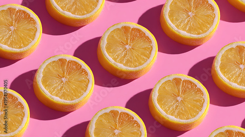 Bright lemon halves pattern on pink background, fresh citrus mood