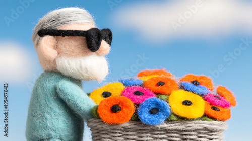 Elderly man felt doll holding colorful felt flowers wearing sunglasses smiling in sunlight