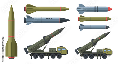 Military Missile System and Rocket Launcher Vehicle Vector Illustration Set