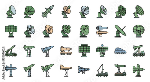 Military Radar and Missile Defense System Icon Set, Air Defense Technology Vector Illustration