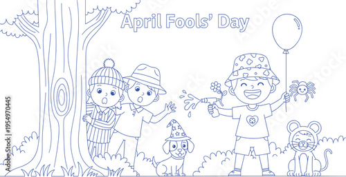 April fools day cartoon illustration with happy children playing pranks and having fun outdoors in nature
