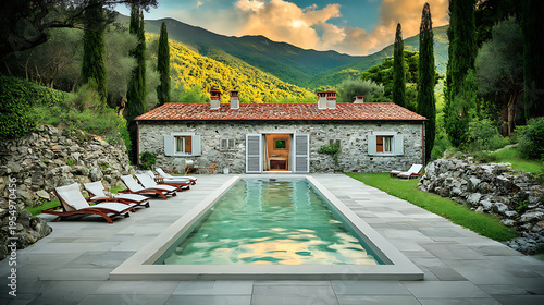 Stone villa pool and cypress garden sunset view serene mountain landscape