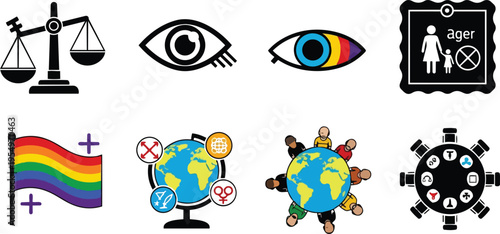 Vector art close up equality and diversity icons globe people pride flag scales eye meeting table social symbols black outlines simple bold for coloring book pages